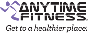 Anytime fitness logo above a black text that reads get to a healthier place