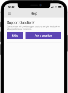 iPhone on the help section of the anytime fitness app with purple FAQ button and question button