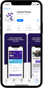 iPhone in the app store on the anytime fitness app with a blue get button