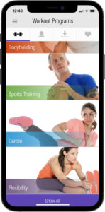 Anytime Fitness app with different types of workouts to select on an iPhone